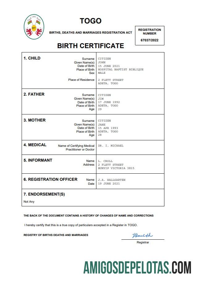 Realista modelo Word e PDF de certidão de nascimento de registro vital do Togo